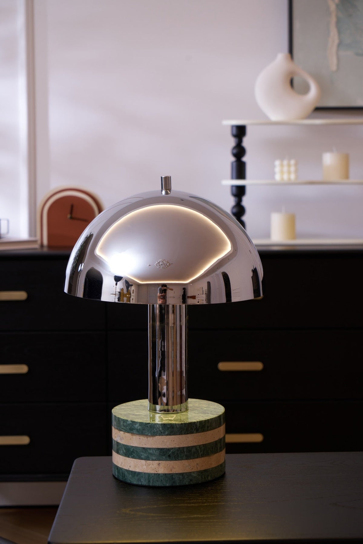Luno Chrome Table Lamp with Green Marble Base – Modern Designer Desk Light