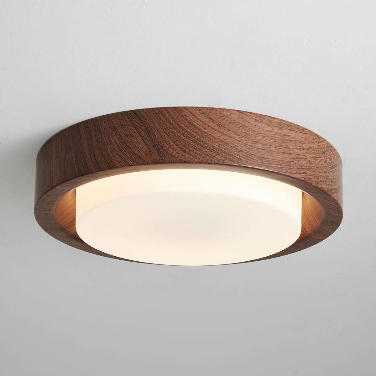 Lunor Ring Ceiling Light in Walnut Wood Grain Finish, Modern LED Flush Mount