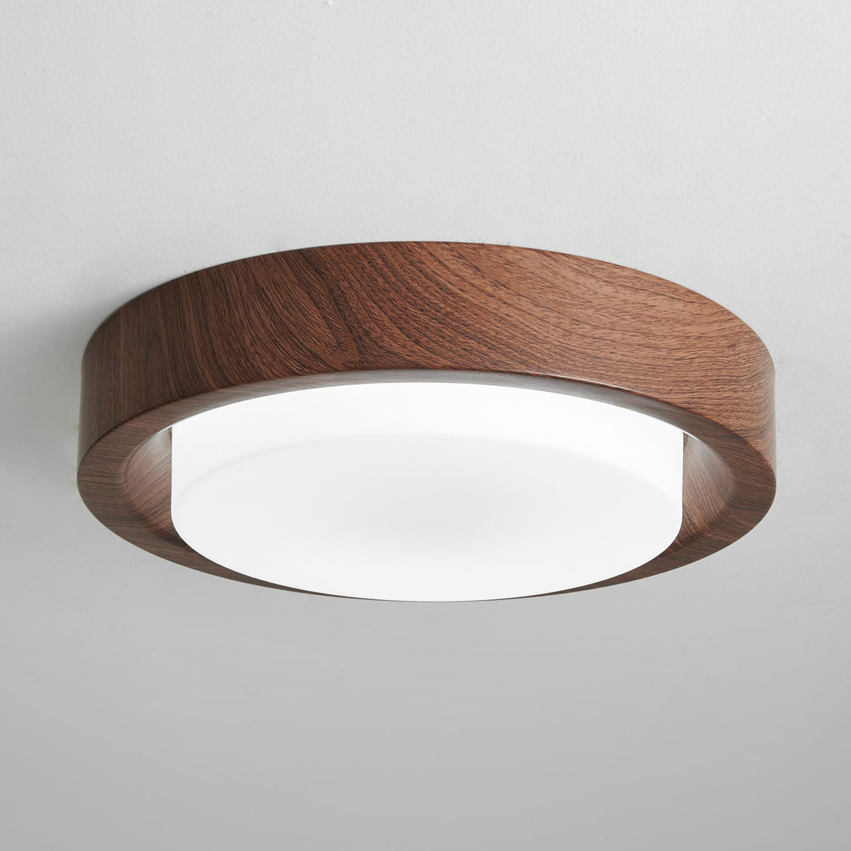 Lunor Ring Ceiling Light in Walnut Wood Grain Finish, Modern LED Flush Mount