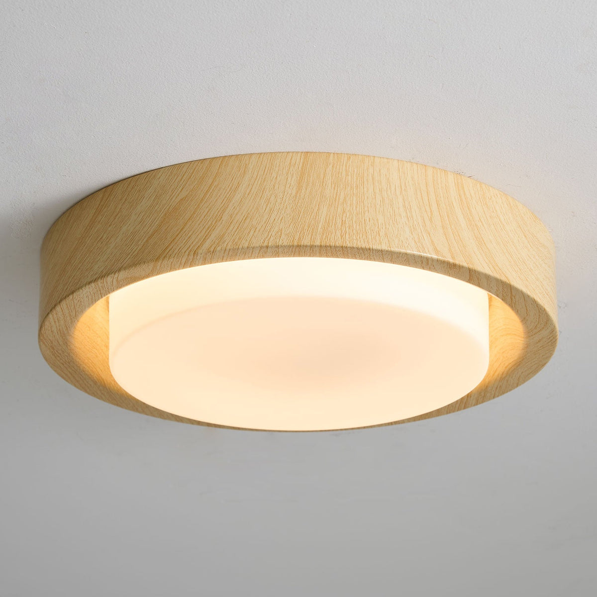 Lunor Ring Ceiling Light in Walnut Wood Grain Finish, Modern LED Flush Mount