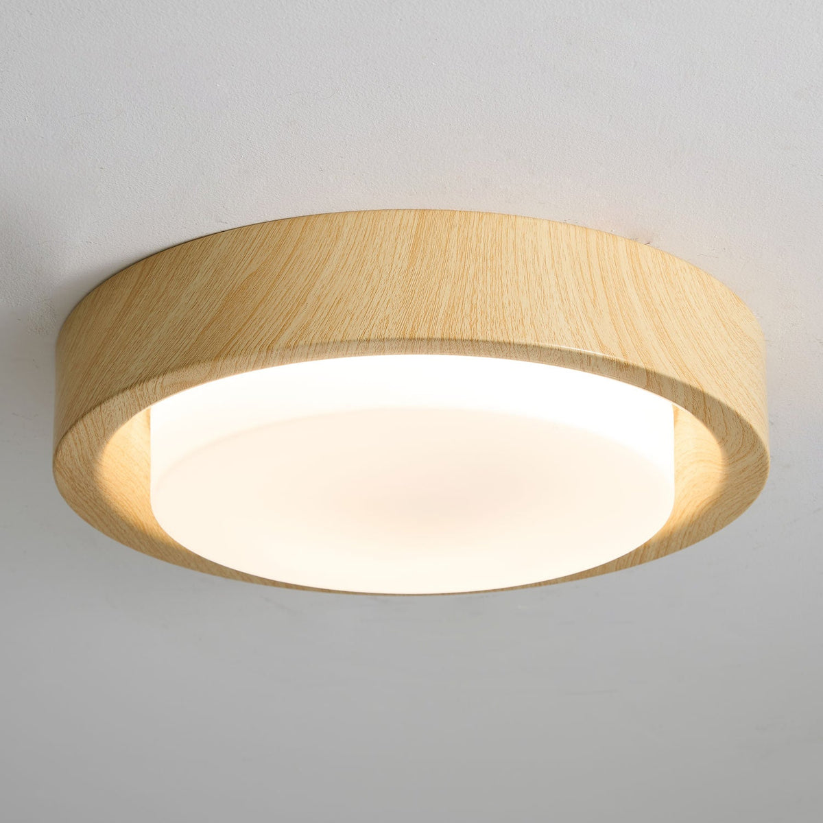 Lunor Ring Ceiling Light in Walnut Wood Grain Finish, Modern LED Flush Mount
