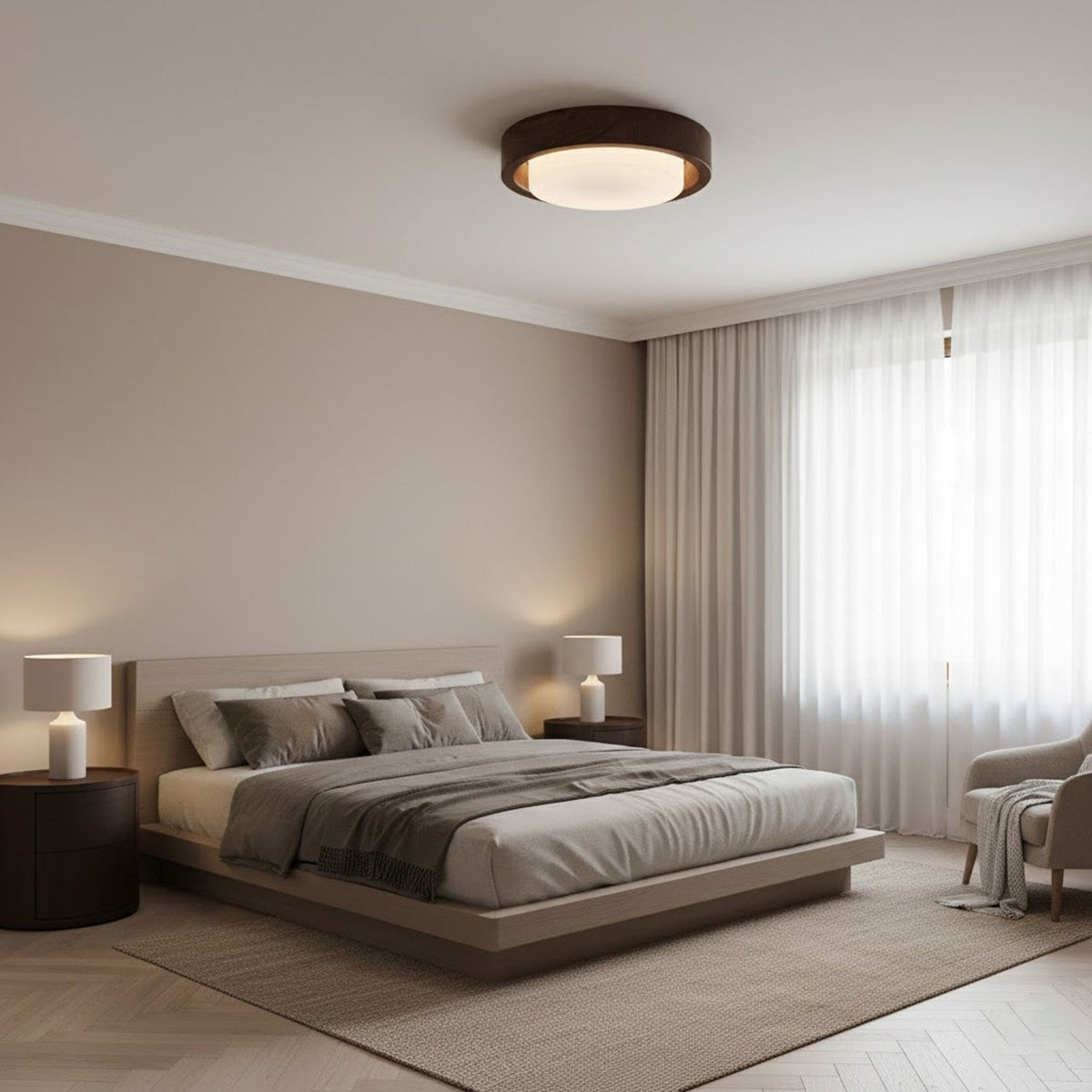 Lunor Ring Ceiling Light in Walnut Wood Grain Finish, Modern LED Flush Mount