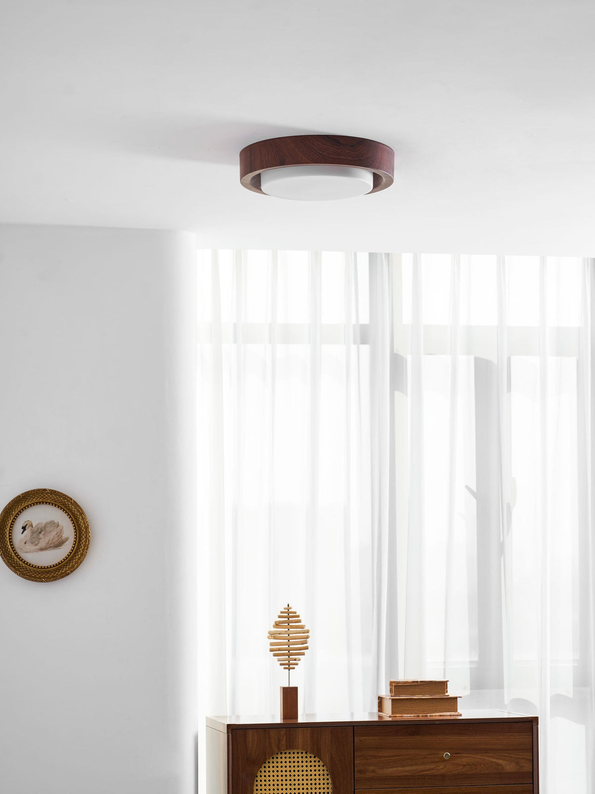 Lunor Ring Ceiling Light in Walnut Wood Grain Finish, Modern LED Flush Mount