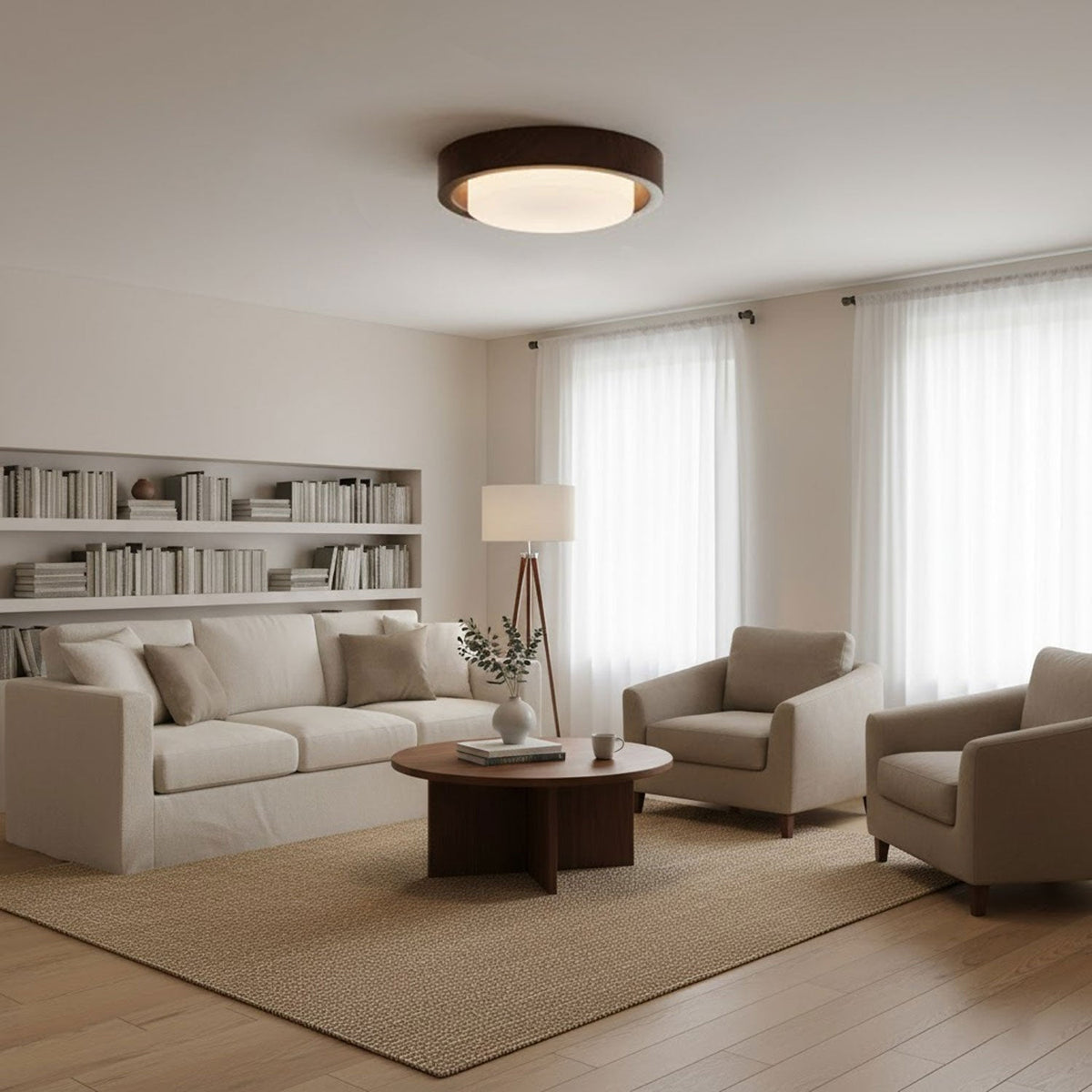 Lunor Ring Ceiling Light in Walnut Wood Grain Finish, Modern LED Flush Mount