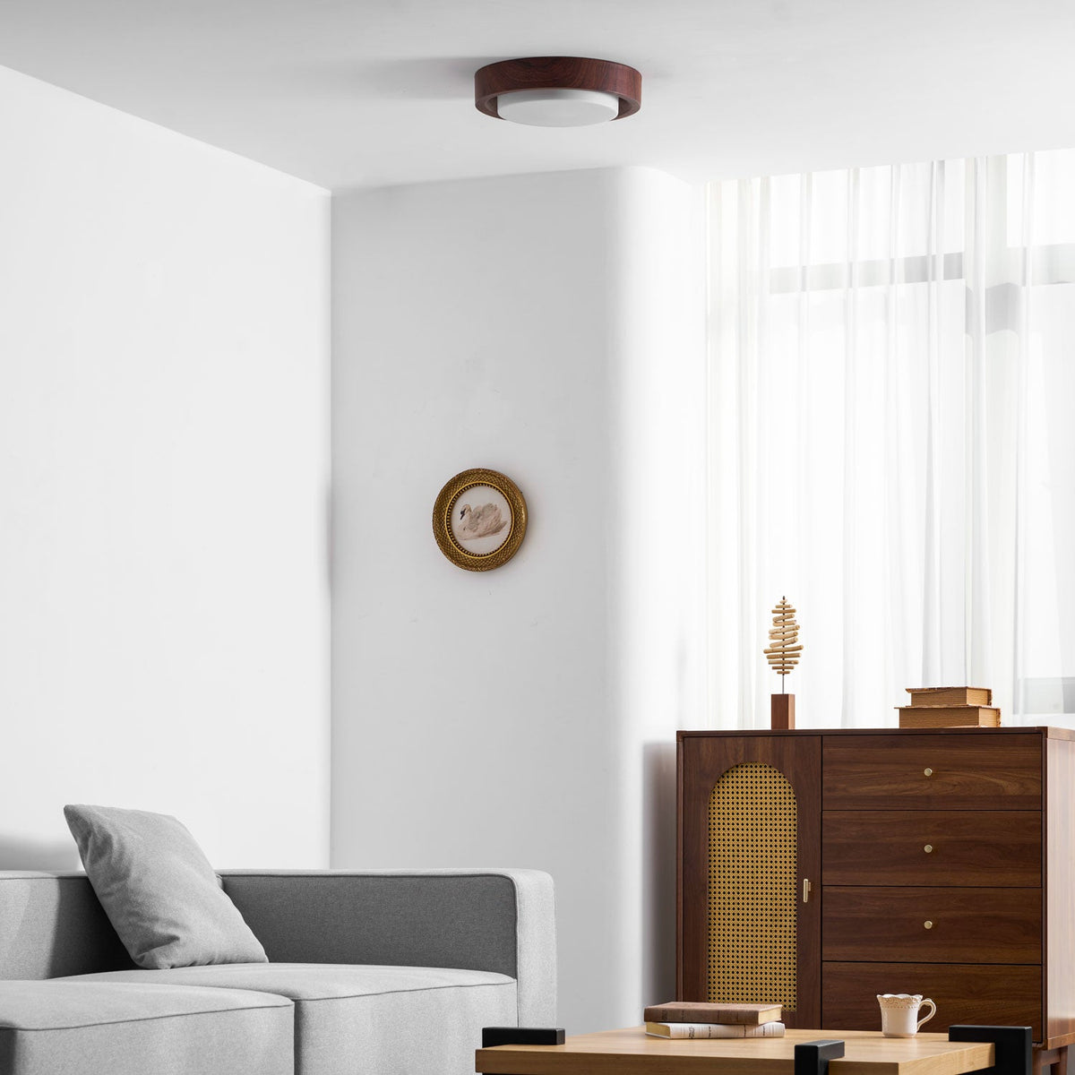 Lunor Ring Ceiling Light in Walnut Wood Grain Finish, Modern LED Flush Mount