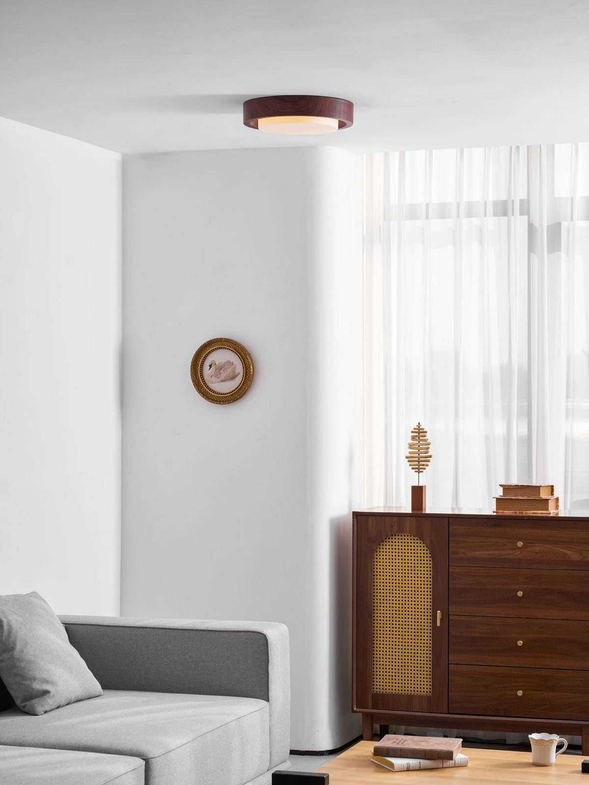 Lunor Ring Ceiling Light in Walnut Wood Grain Finish, Modern LED Flush Mount