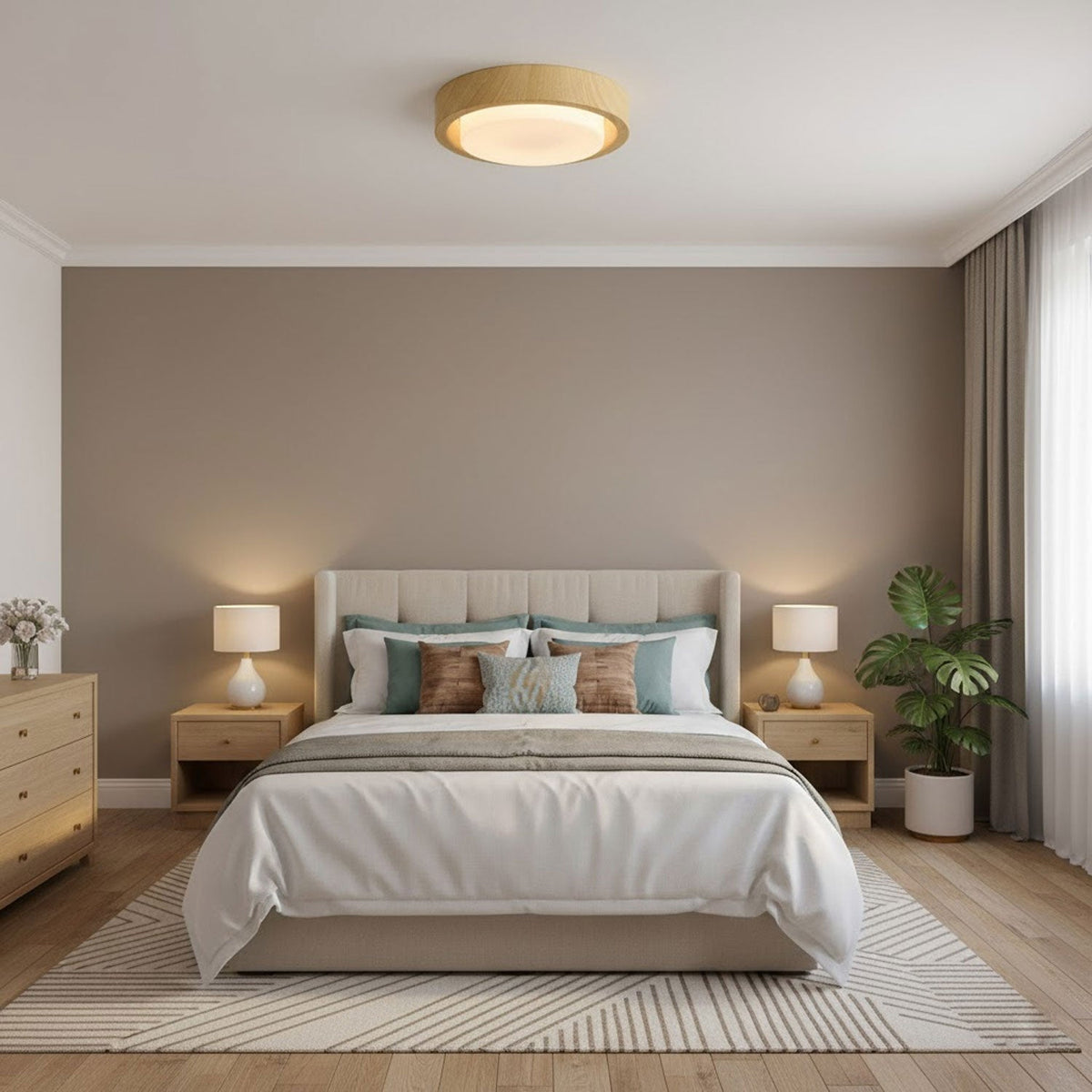 Lunor Ring Ceiling Light in Walnut Wood Grain Finish, Modern LED Flush Mount