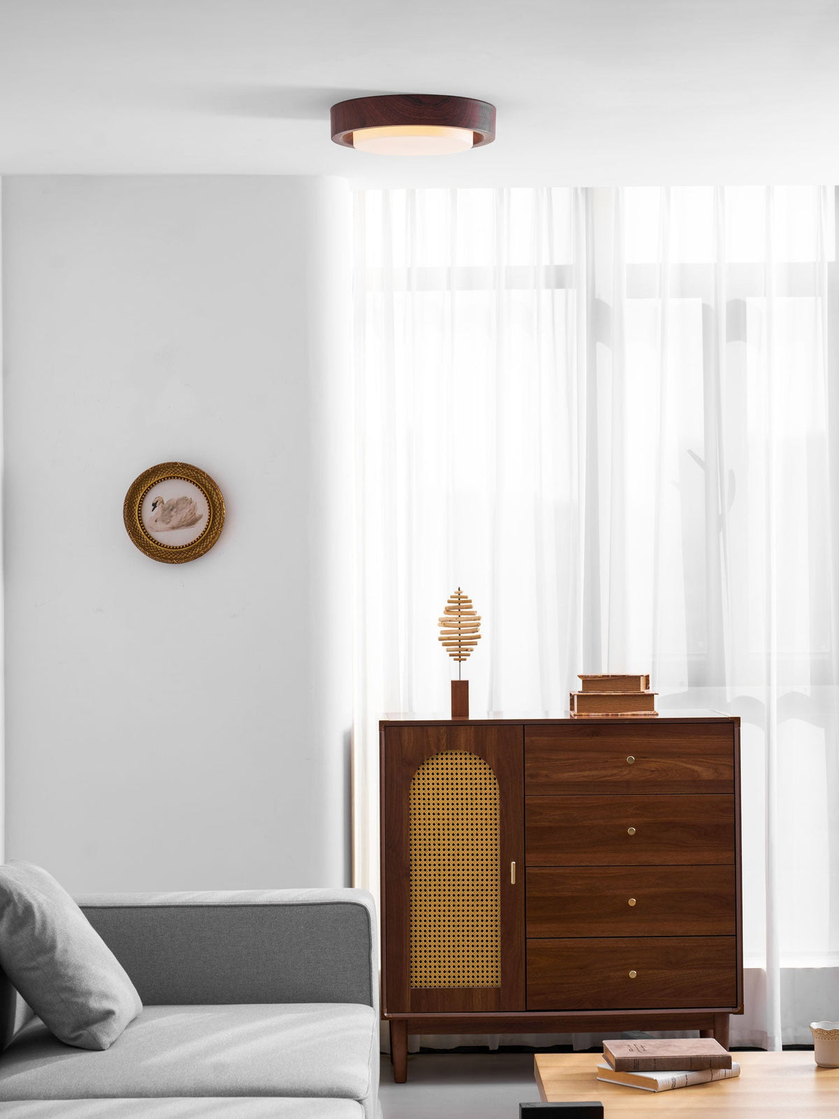 Lunor Ring Ceiling Light in Walnut Wood Grain Finish, Modern LED Flush Mount