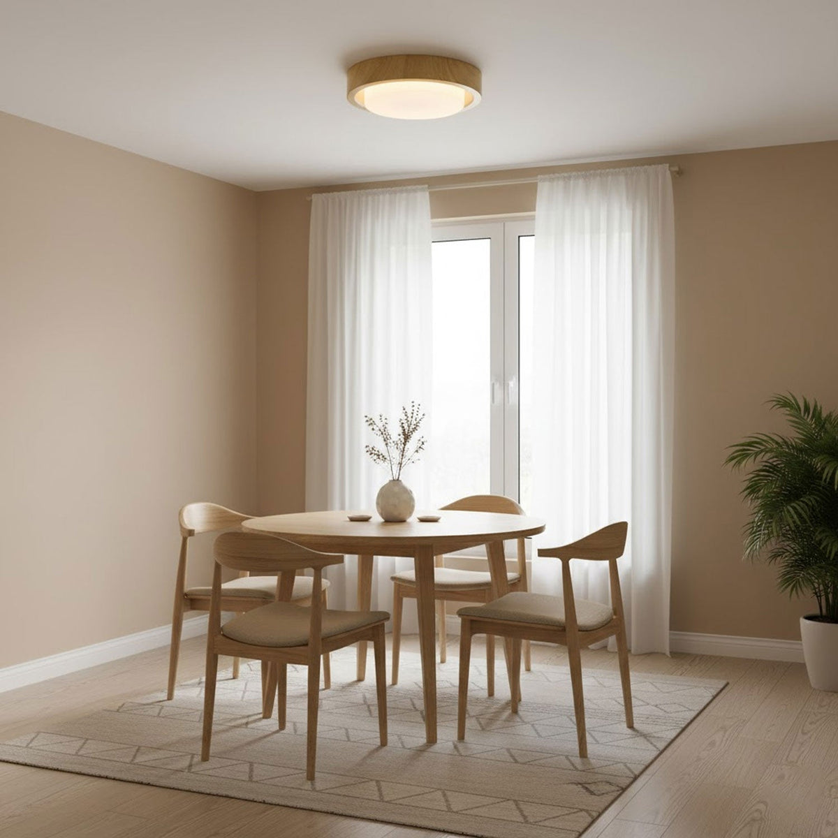 Lunor Ring Ceiling Light in Walnut Wood Grain Finish, Modern LED Flush Mount