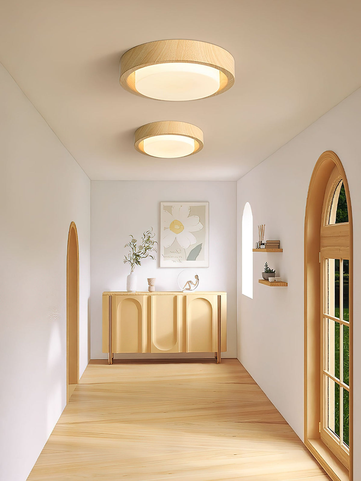 Lunor Ring Ceiling Light in Walnut Wood Grain Finish, Modern LED Flush Mount