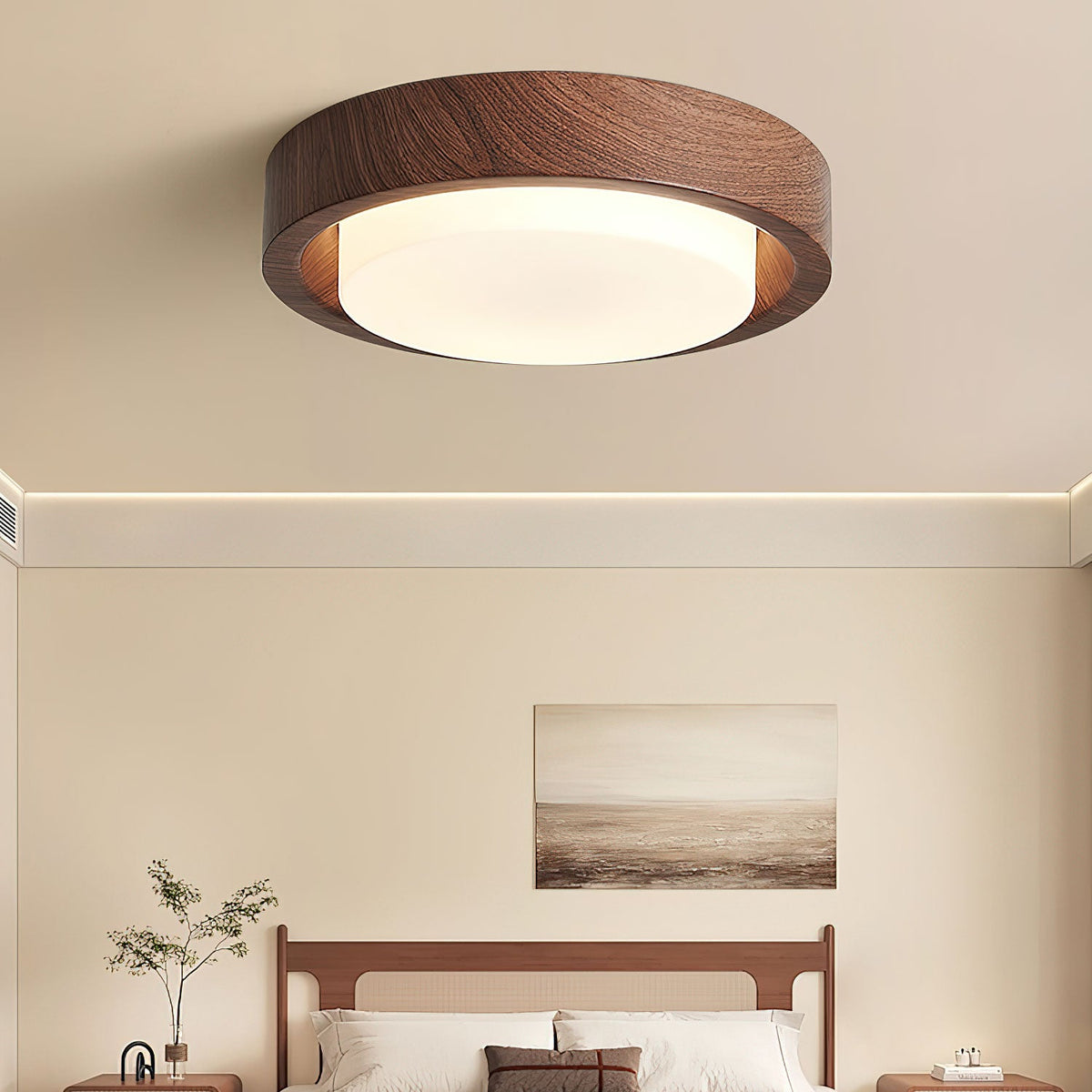 Lunor Ring Ceiling Light in Walnut Wood Grain Finish, Modern LED Flush Mount