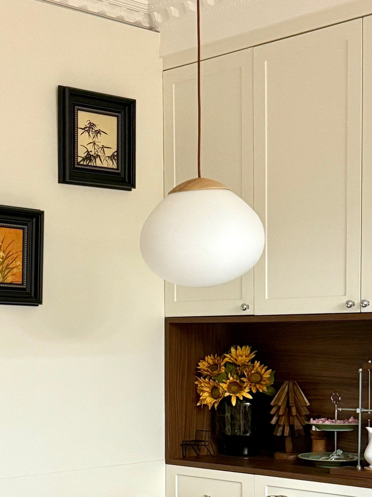 Lunora Dome Pendant Light – Frosted Glass & Wood Accent, Modern Minimalist Hanging Lamp