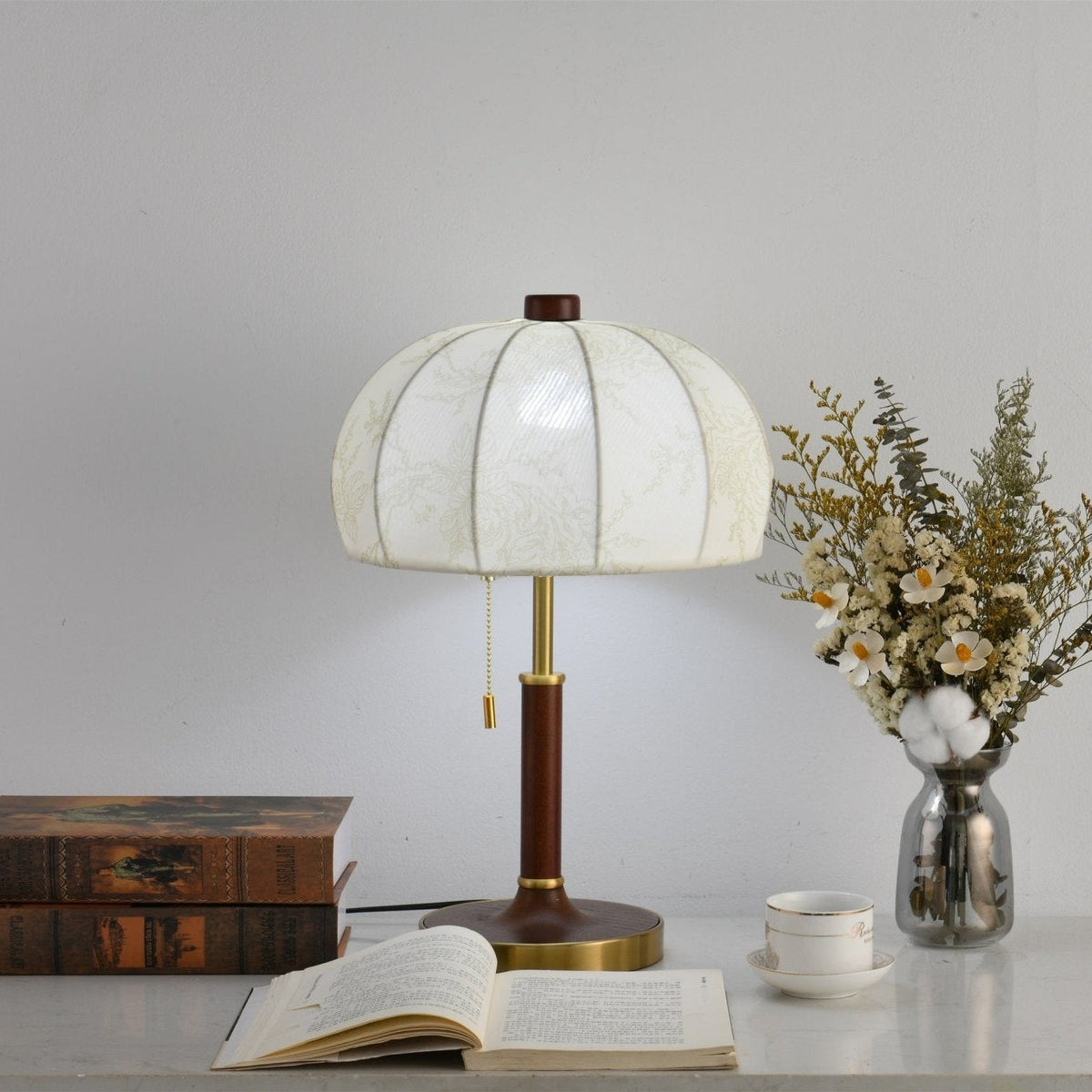 Lunora Fabric Table Lamp with Walnut Wood and Brass Accents