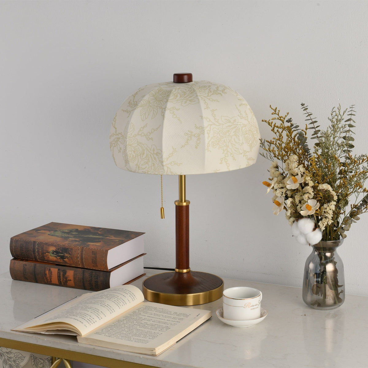 Lunora Fabric Table Lamp with Walnut Wood and Brass Accents