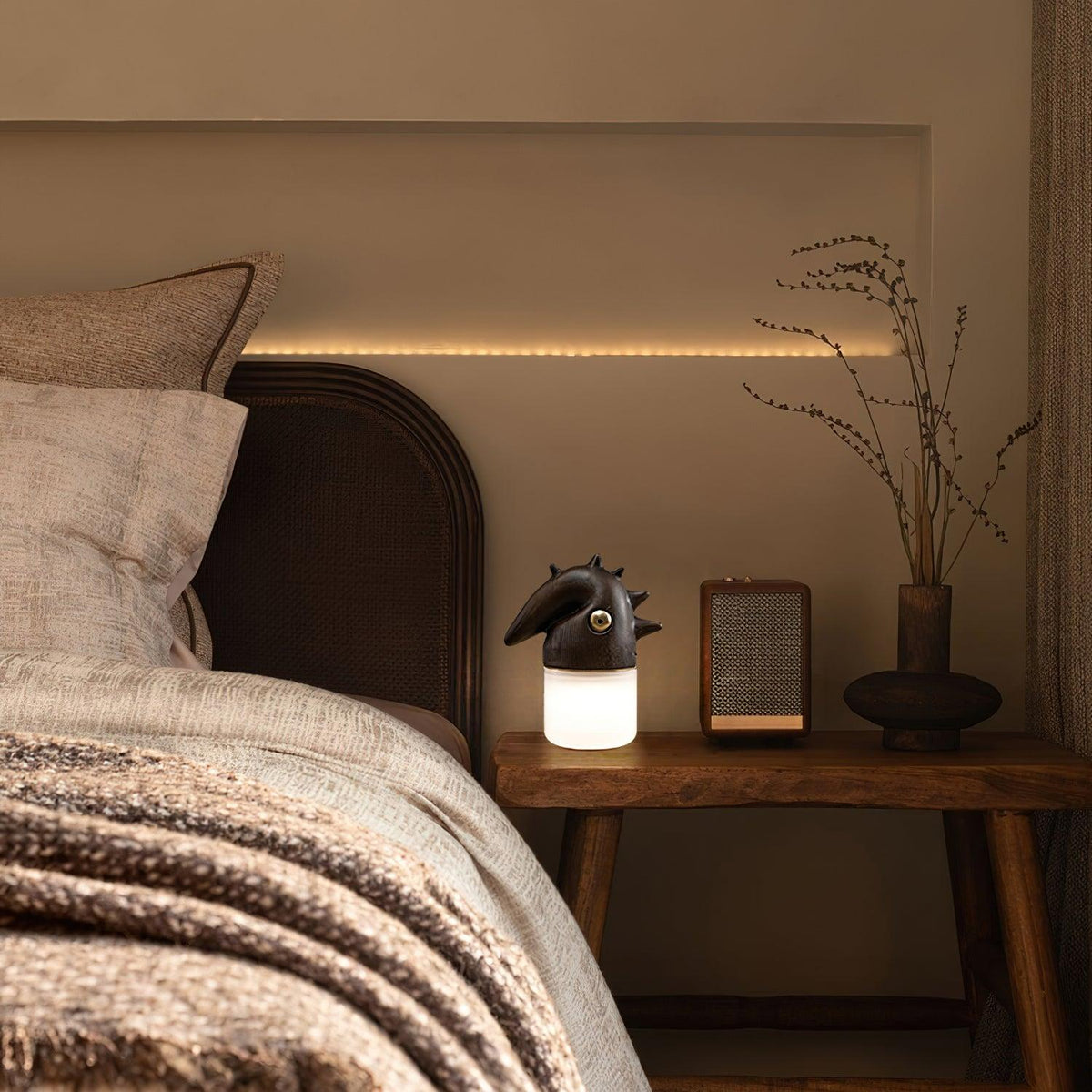 Luolongzi Cordless Table Lamp with Horsehair Shade, Wood & Acrylic