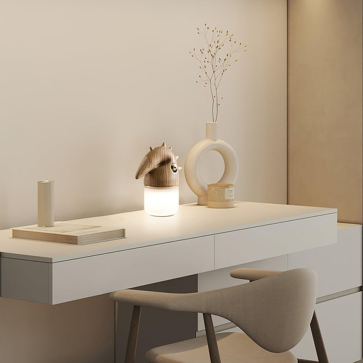 Luolongzi Cordless Table Lamp with Horsehair Shade, Wood & Acrylic