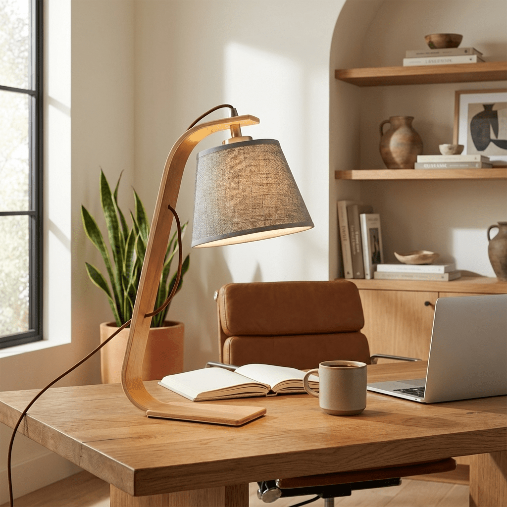 Lurien Sculptural Wood Table Lamp with Fabric Shade for Modern Interiors