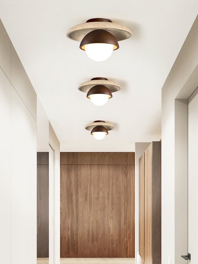 Maelis Travertine Ceiling Light – Modern Flush Mount with Wood Accents