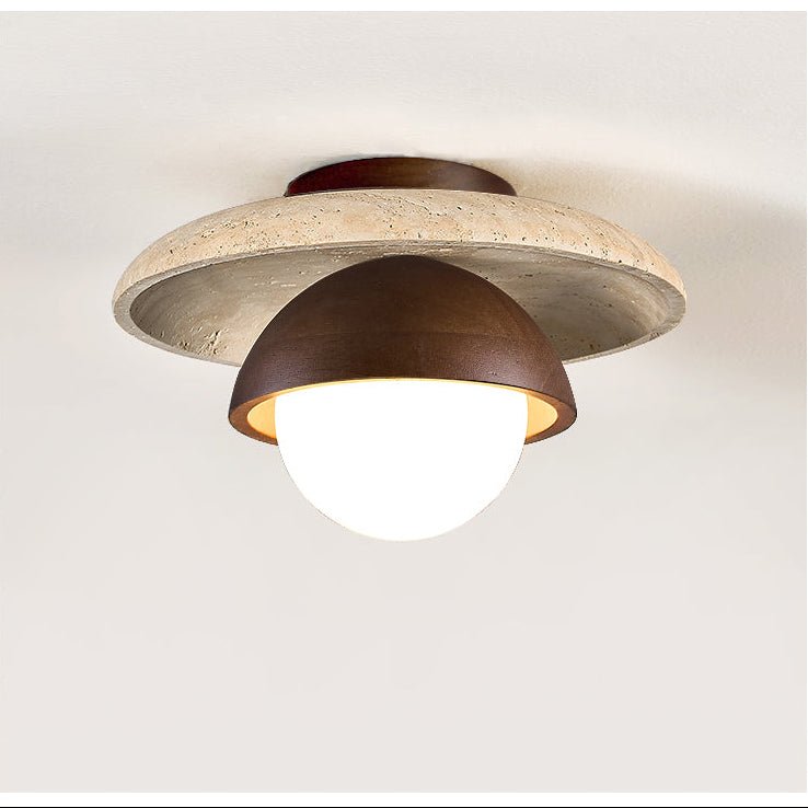 Maelis Travertine Ceiling Light – Modern Flush Mount with Wood Accents