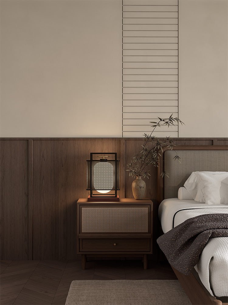 Maelis Sculptural Table Lamp with Perforated Metal Shade and Wooden Base