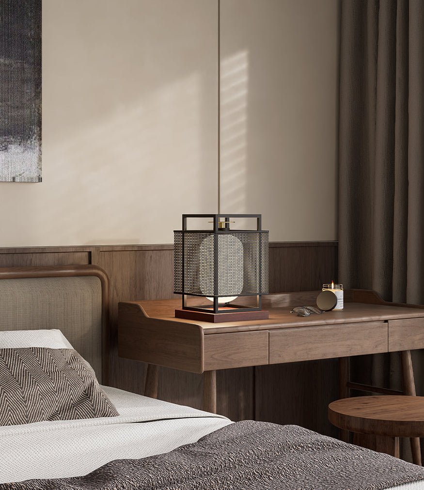 Maelis Sculptural Table Lamp with Perforated Metal Shade and Wooden Base