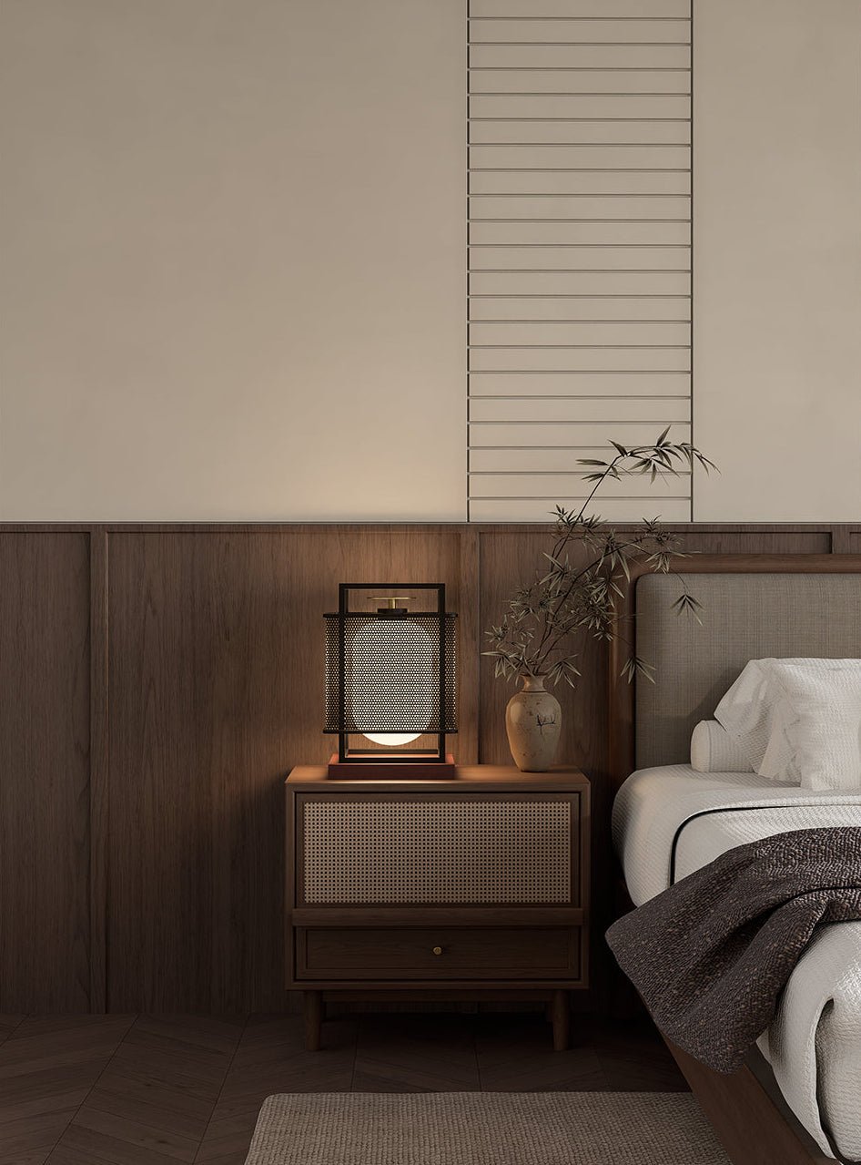 Maelis Sculptural Table Lamp with Perforated Metal Shade and Wooden Base
