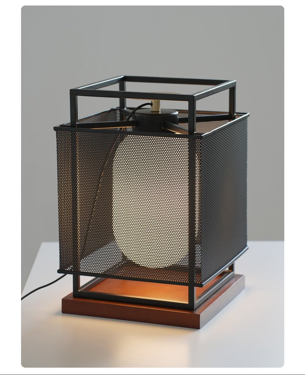 Maelis Sculptural Table Lamp with Perforated Metal Shade and Wooden Base