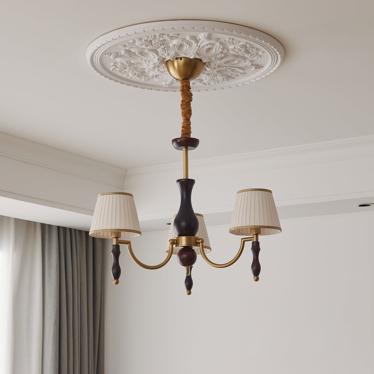 Majestic Veil Chandelier — Pleated Fabric Shades, Walnut & Brass, 3/5/8-Light