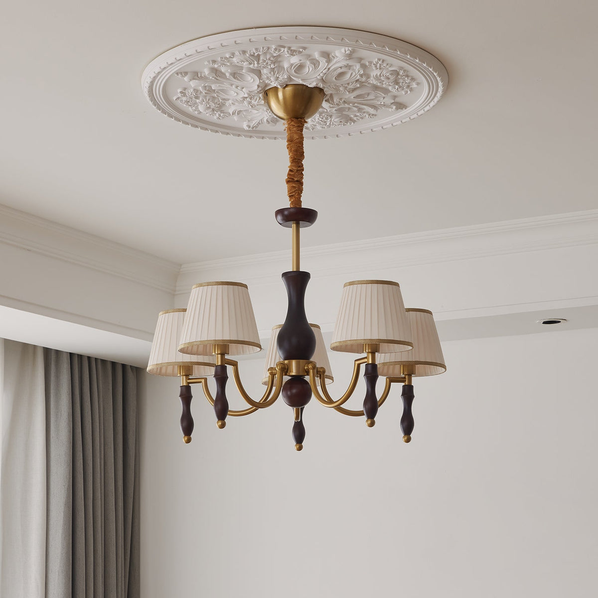 Majestic Veil Chandelier — Pleated Fabric Shades, Walnut & Brass, 3/5/8-Light