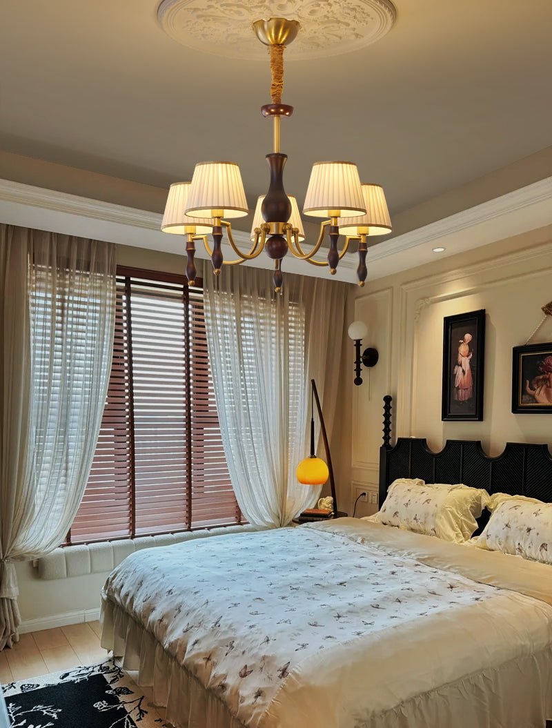 Majestic Veil Chandelier — Pleated Fabric Shades, Walnut & Brass, 3/5/8-Light