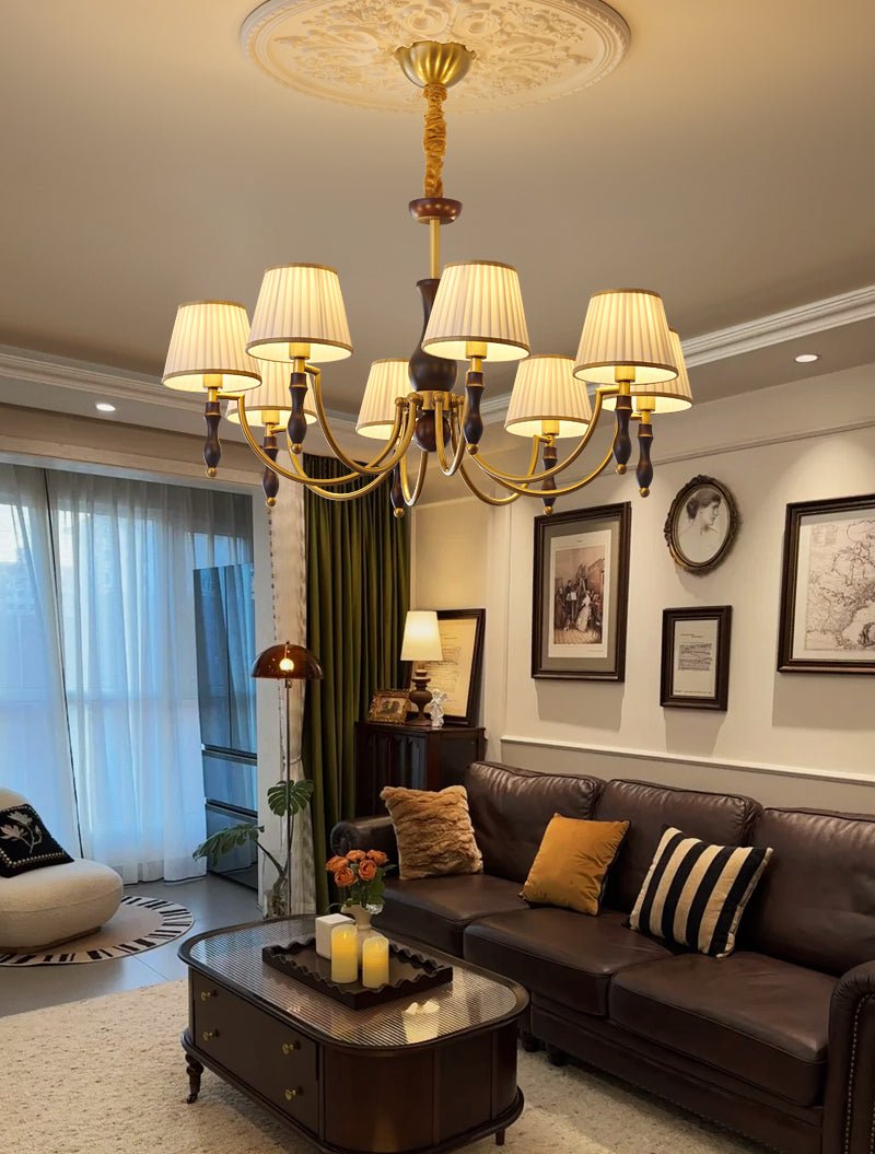 Majestic Veil Chandelier — Pleated Fabric Shades, Walnut & Brass, 3/5/8-Light