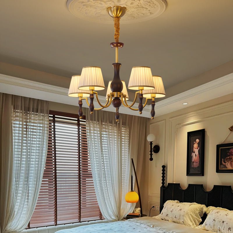 Majestic Veil Chandelier — Pleated Fabric Shades, Walnut & Brass, 3/5/8-Light
