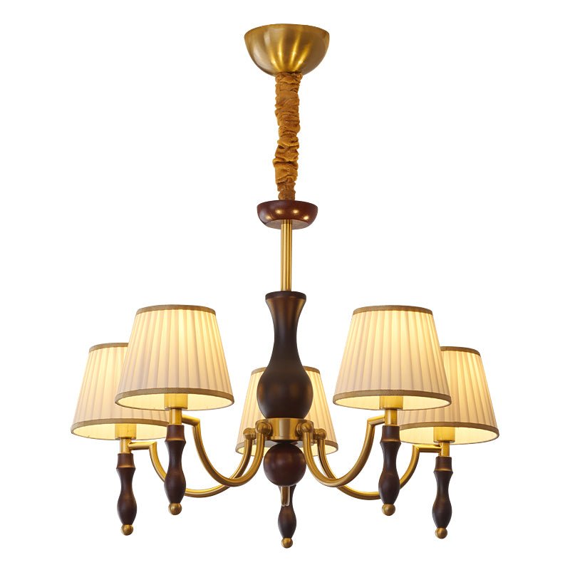 Majestic Veil Chandelier — Pleated Fabric Shades, Walnut & Brass, 3/5/8-Light