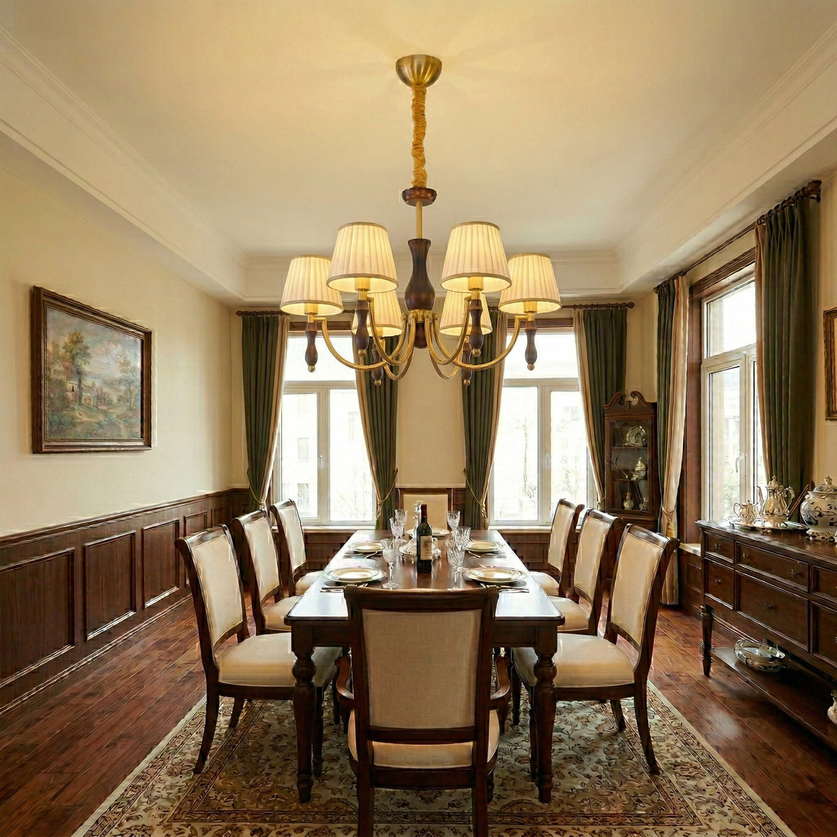 Majestic Veil Chandelier — Pleated Fabric Shades, Walnut & Brass, 3/5/8-Light