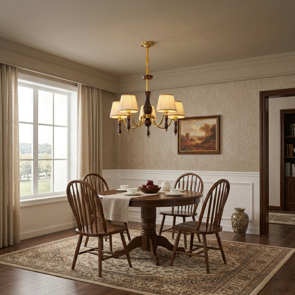 Majestic Veil Chandelier — Pleated Fabric Shades, Walnut & Brass, 3/5/8-Light
