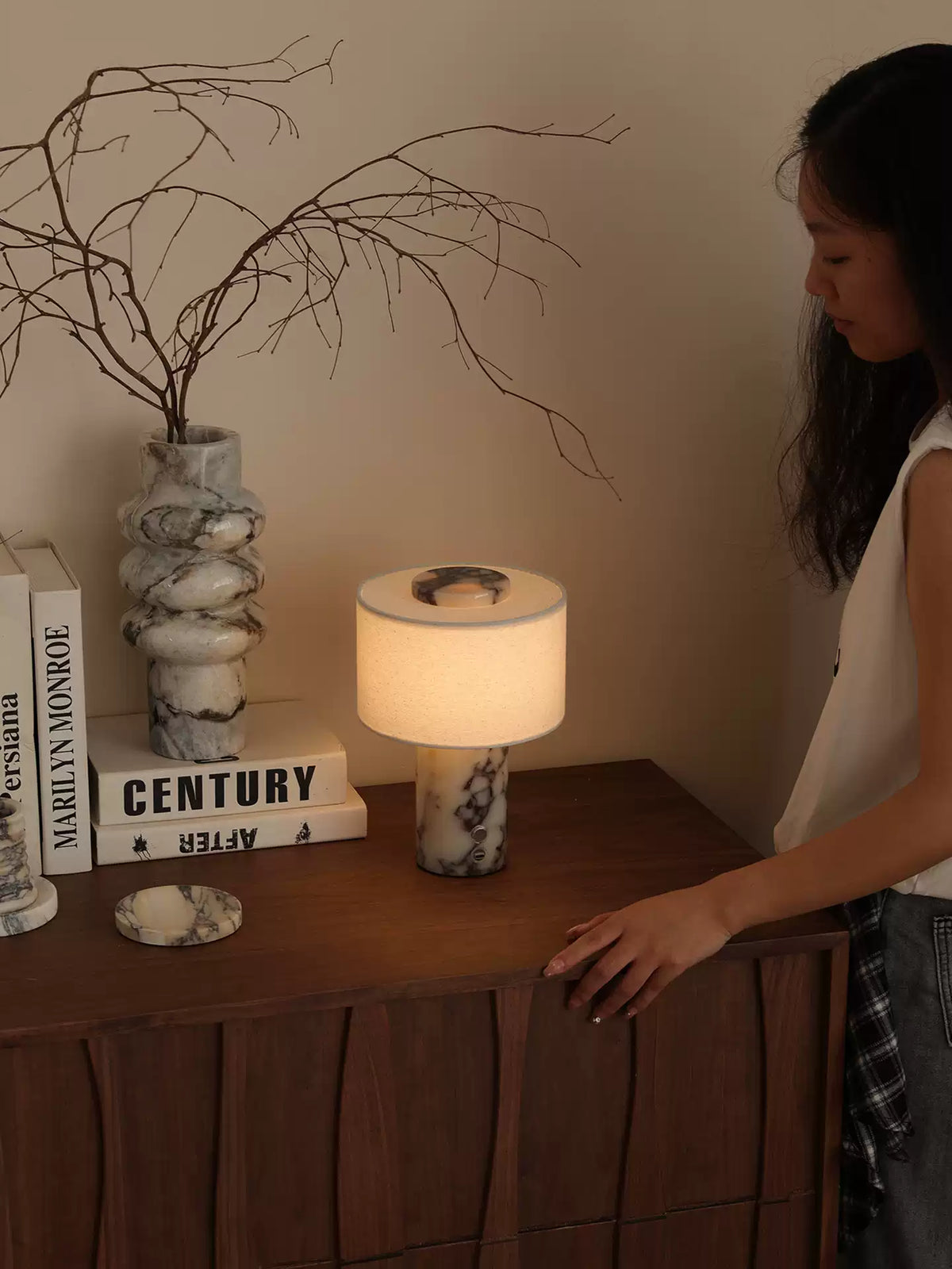 Marbella Stone Table Lamp with Linen Shade for Modern Interiors