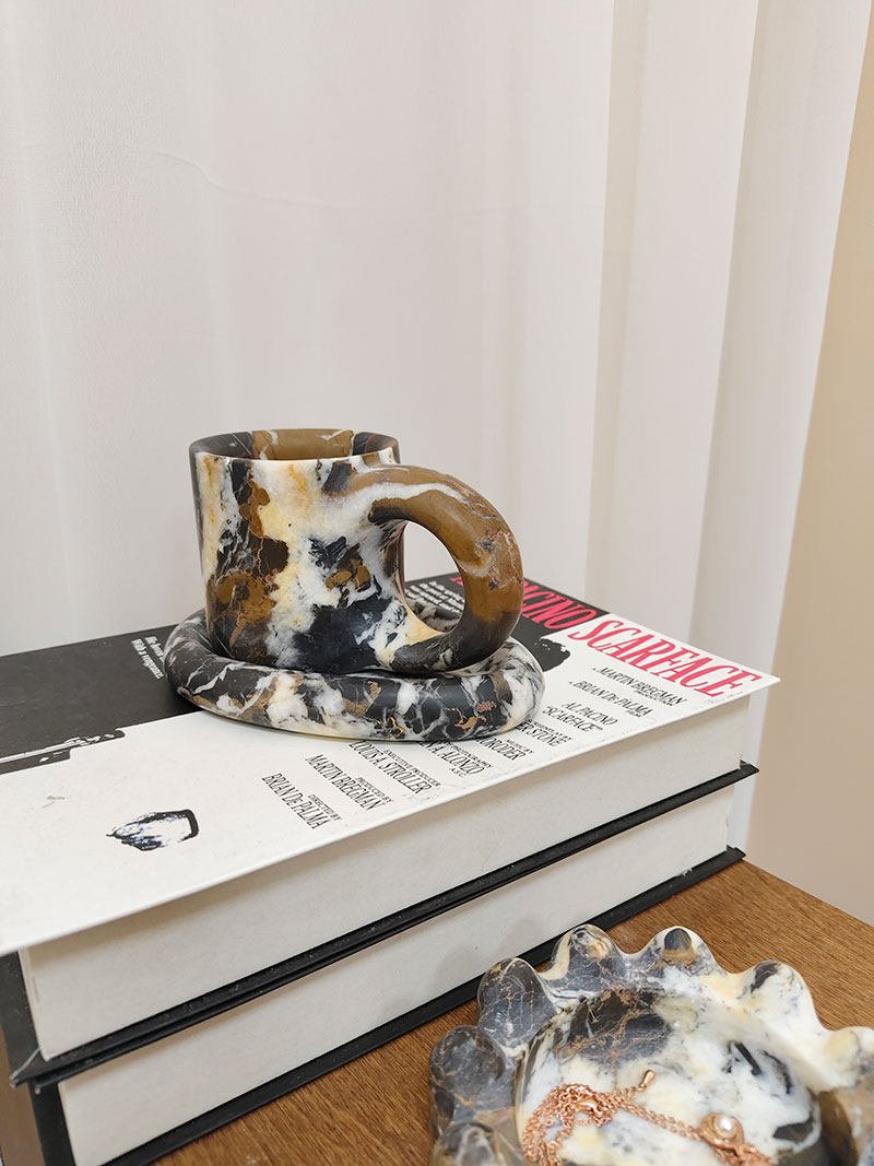 Sculptural Marble Storage Vessel with Loop Handle and Stone Tray