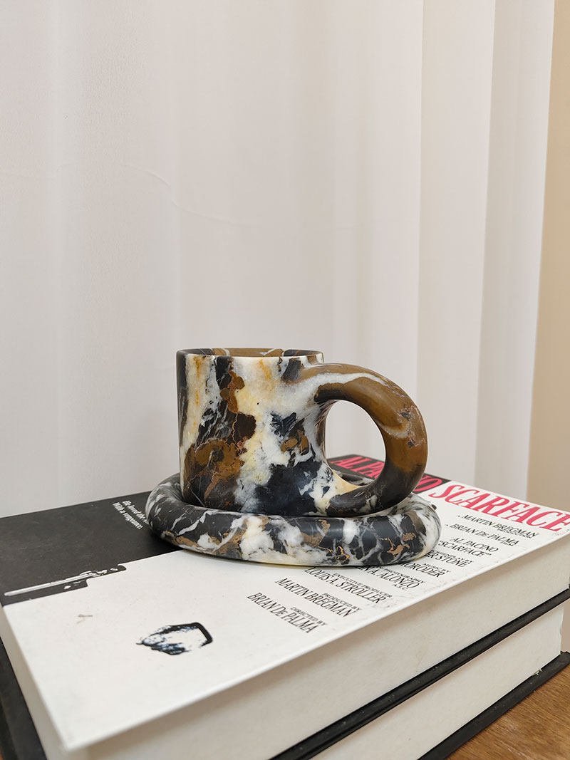 Sculptural Marble Storage Vessel with Loop Handle and Stone Tray