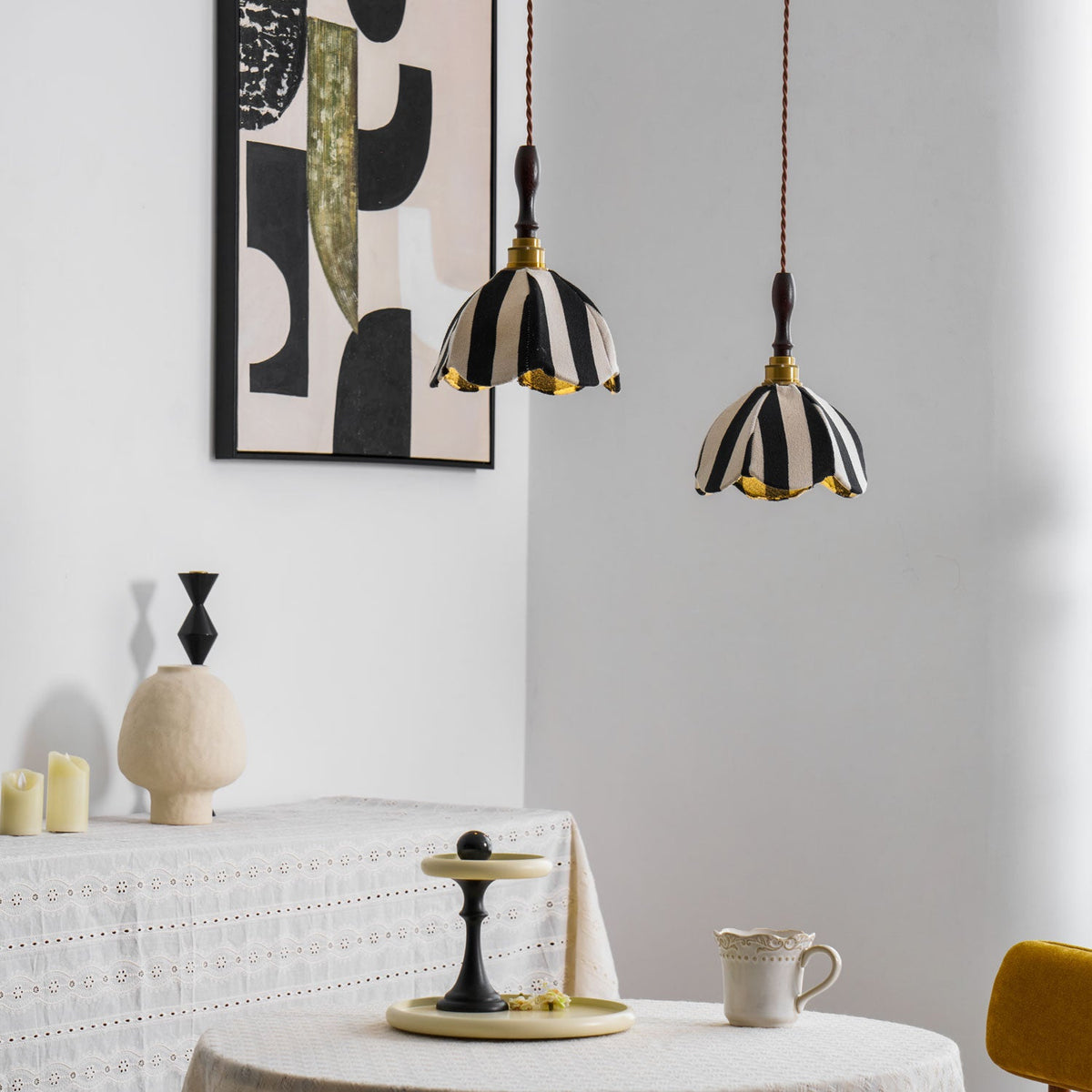 Marbre Stripe Pendant Light – Artisan Fabric Shade with Gold Accents
