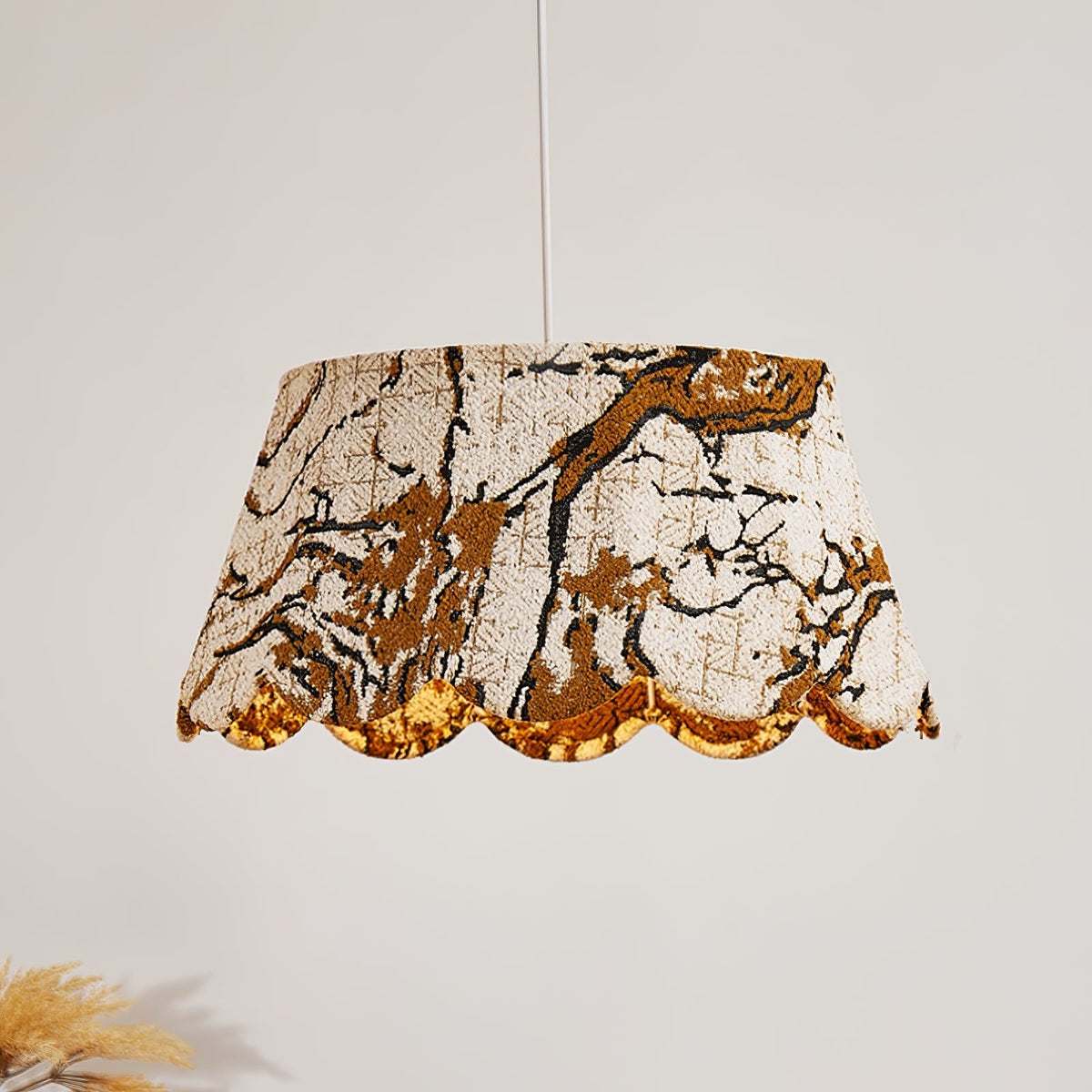 Marbre Scallop Pendant Light – Embroidered Fabric Shade, Brass Accents