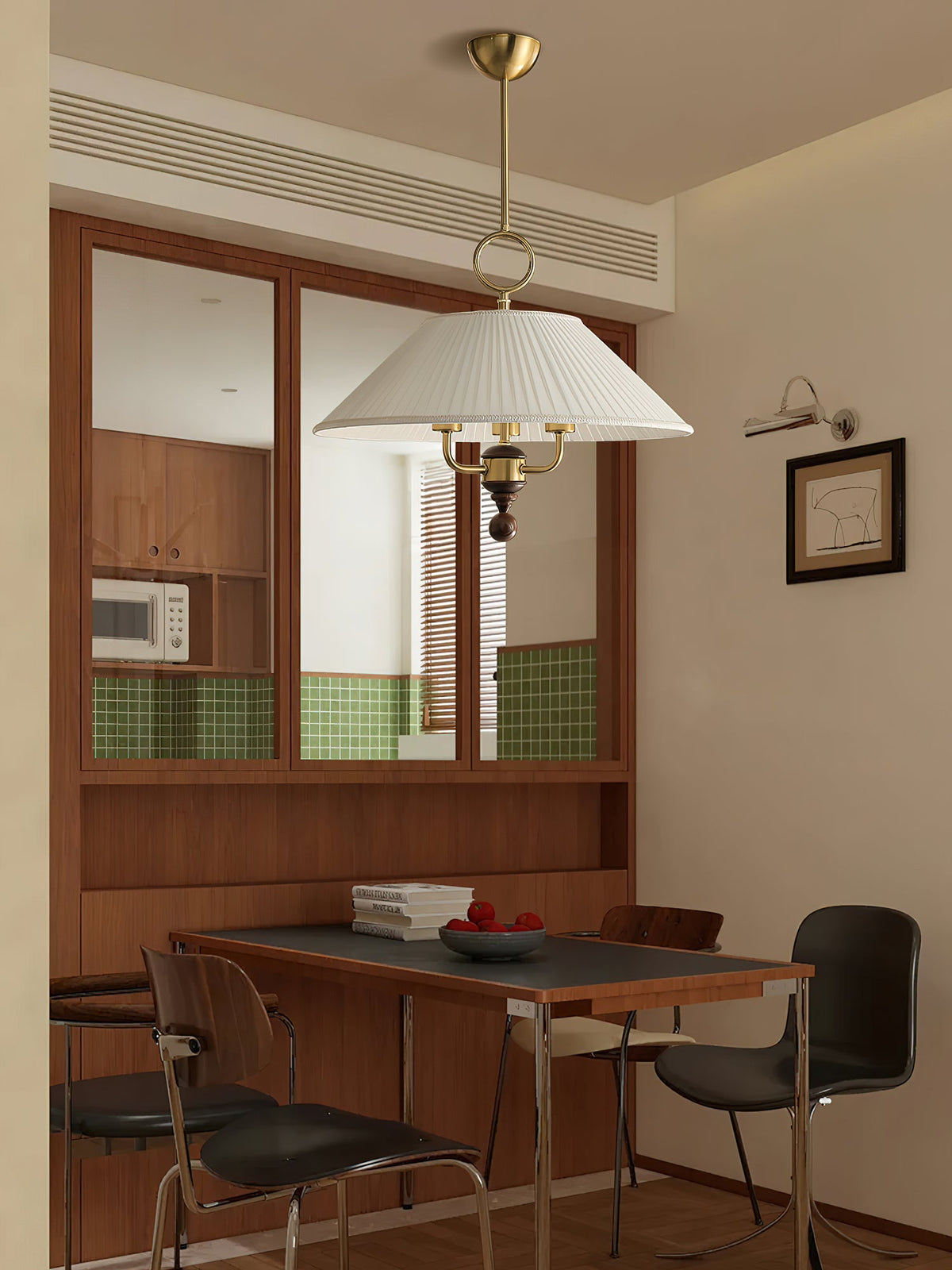 Marcellia Pleated Fabric Pendant Light with Wood Accent, Gold Finish