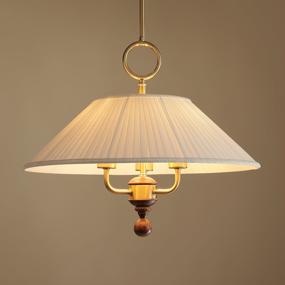 Marcellia Pleated Fabric Pendant Light with Wood Accent, Gold Finish