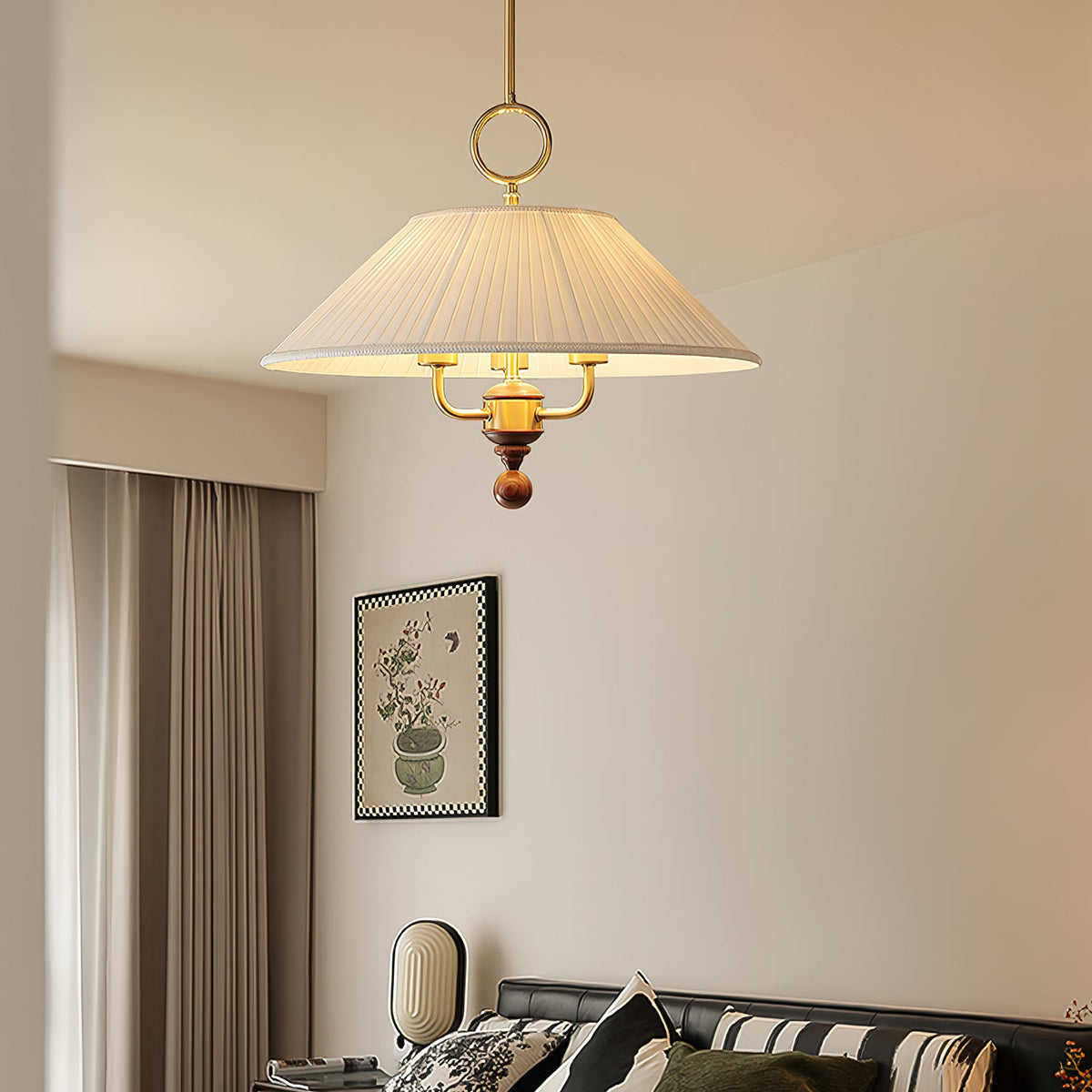 Marcellia Pleated Fabric Pendant Light with Wood Accent, Gold Finish