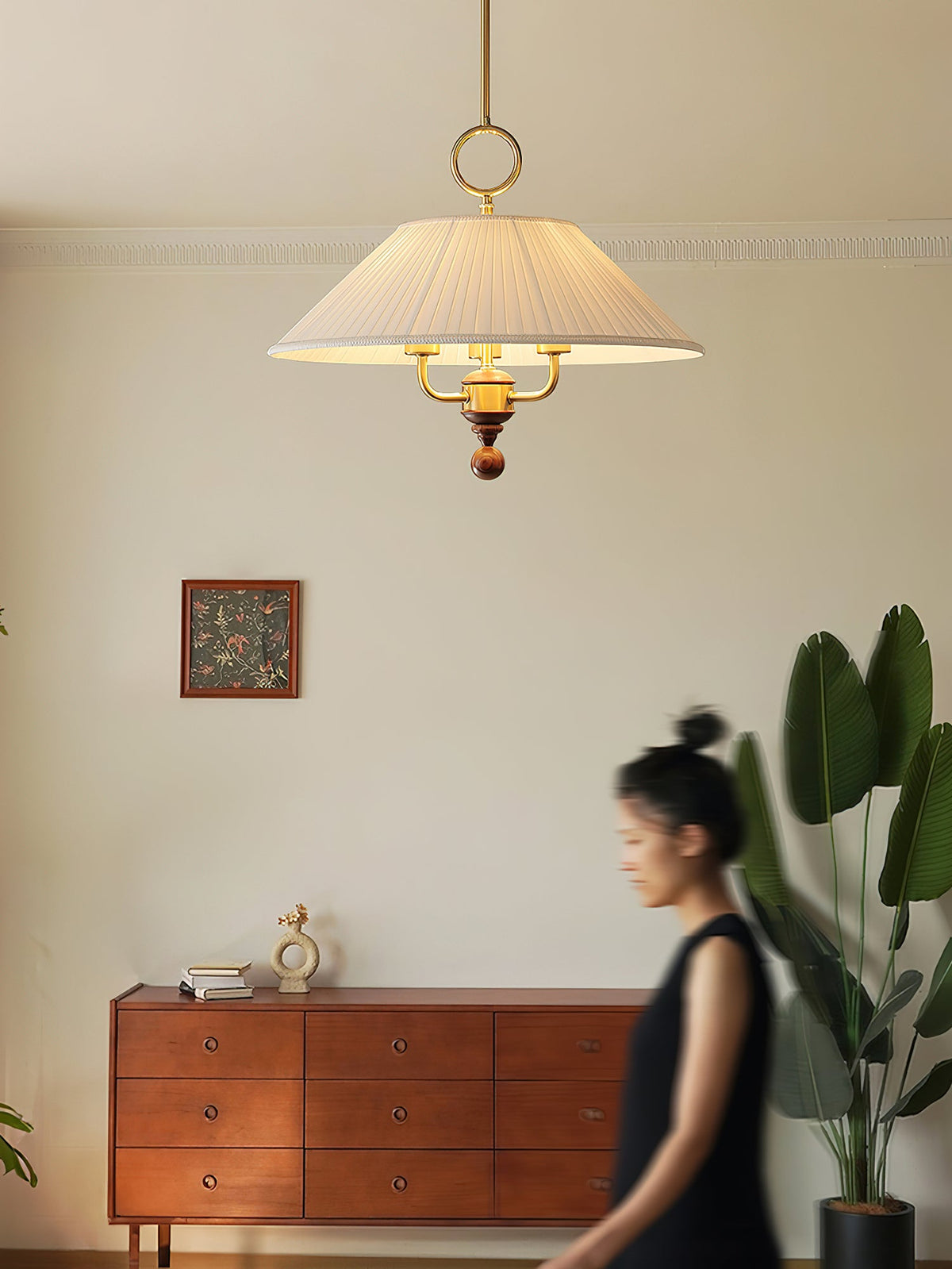 Marcellia Pleated Fabric Pendant Light with Wood Accent, Gold Finish