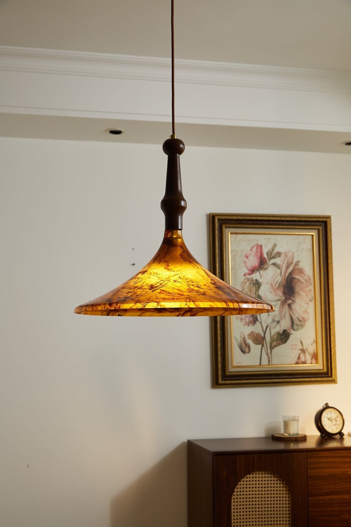Marcona Wood & Amber Glass Pendant Light for Dining and Living Spaces