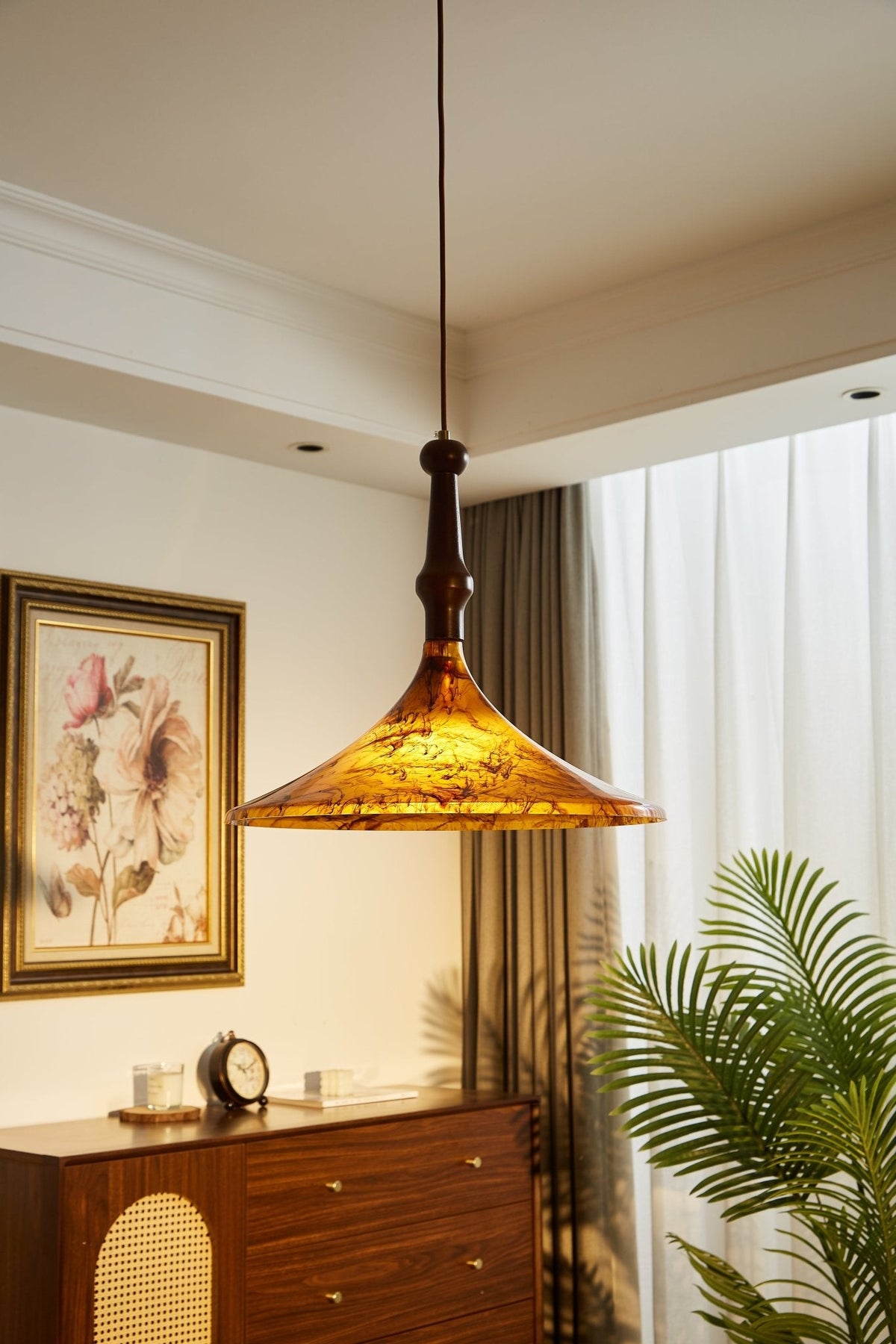 Marcona Wood & Amber Glass Pendant Light for Dining and Living Spaces