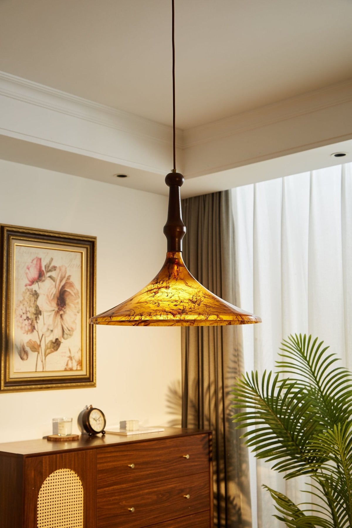 Marcona Wood & Amber Glass Pendant Light for Dining and Living Spaces