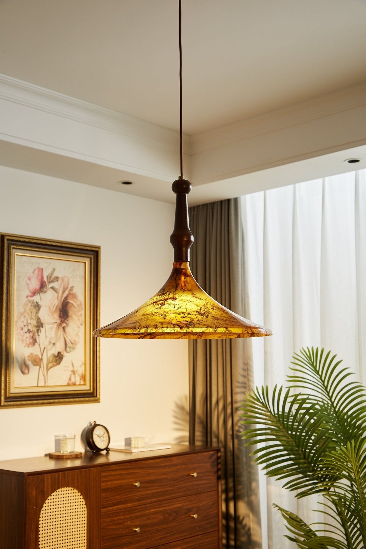 Marcona Wood & Amber Glass Pendant Light for Dining and Living Spaces