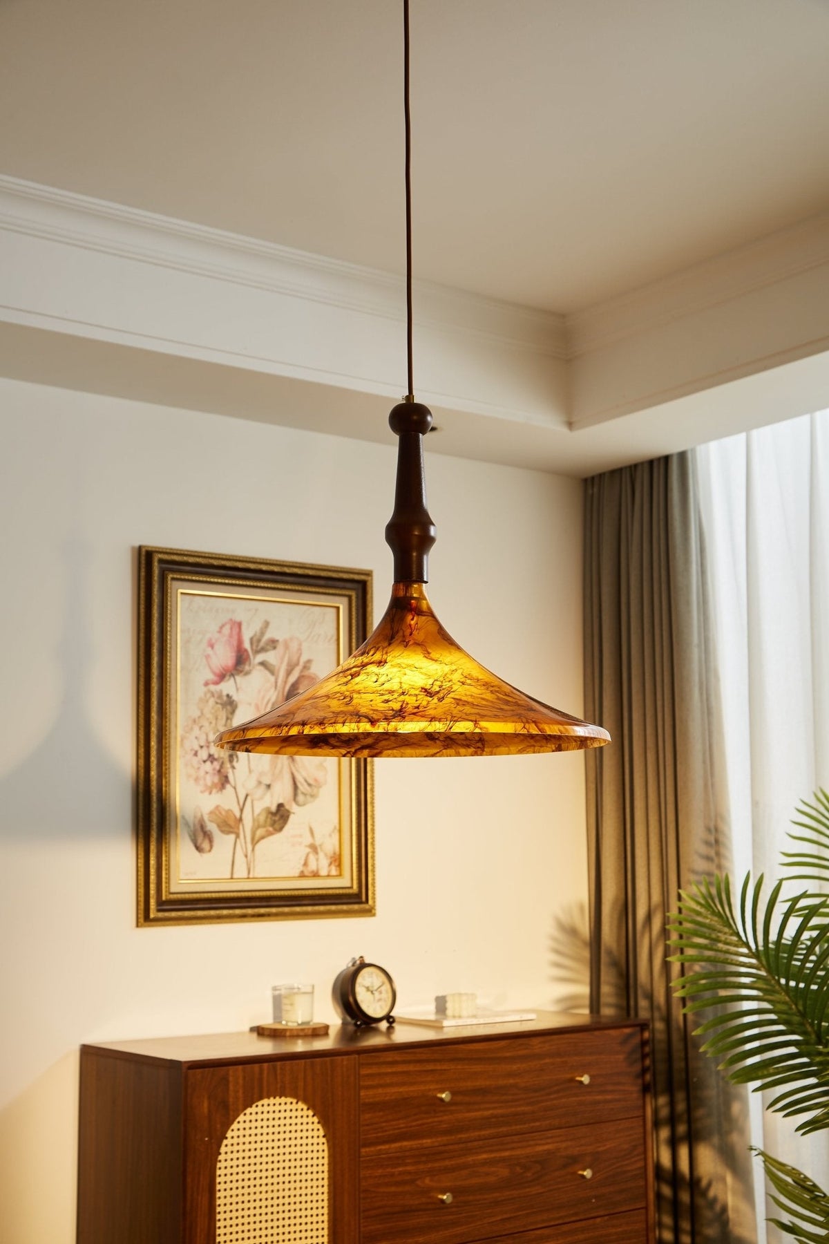 Marcona Wood & Amber Glass Pendant Light for Dining and Living Spaces