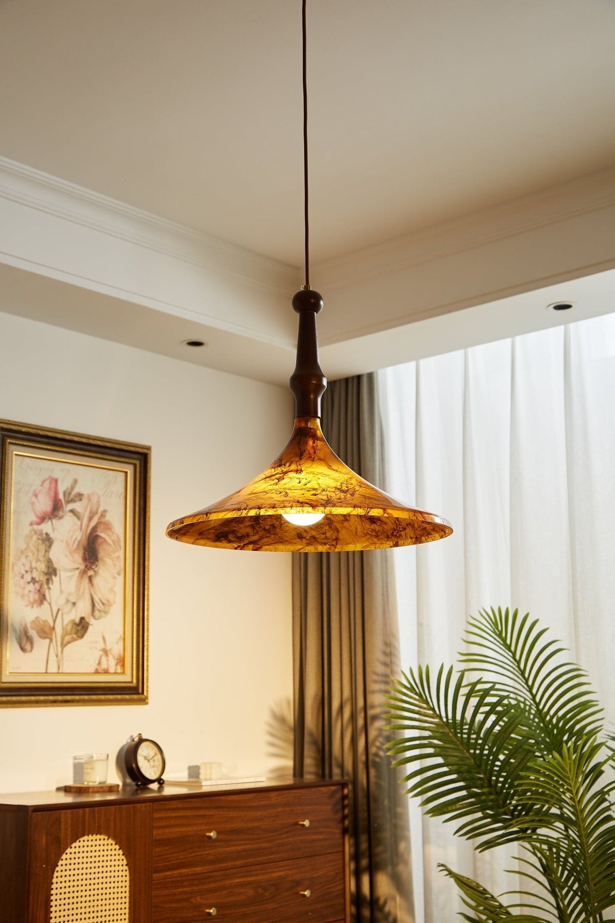 Marcona Wood & Amber Glass Pendant Light for Dining and Living Spaces